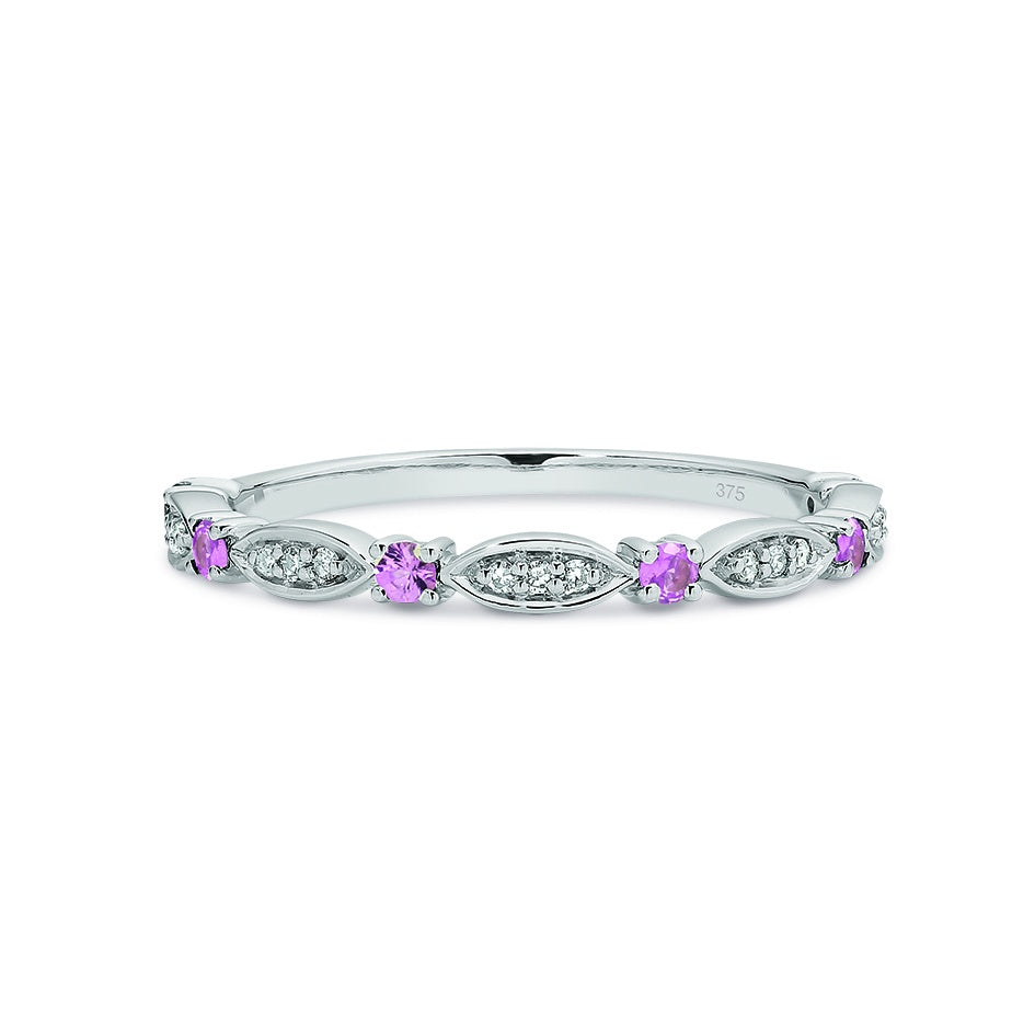 9ct White Gold Pink Sapphire & Diamond Stacker Ring Size O