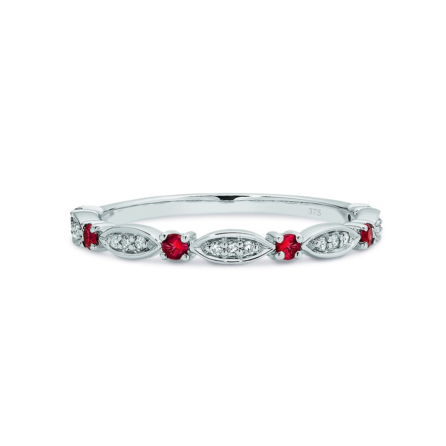 9ct White Gold Ruby & Diamond Stacker Ring Size N